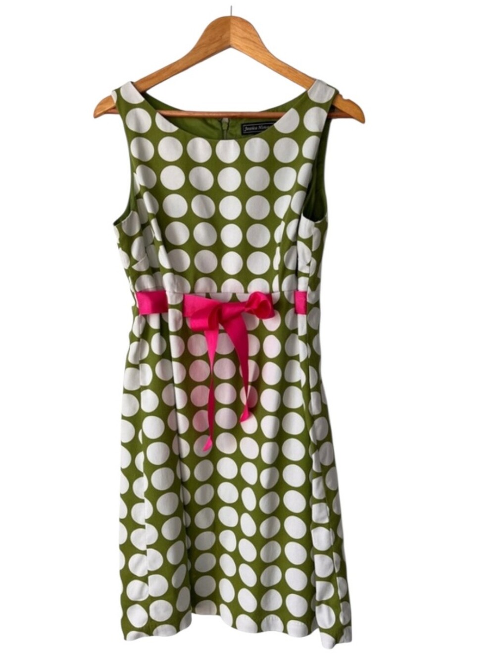 Jessica Howard Olive Green and White Polka Dot Maxi Dress with Pink Belt